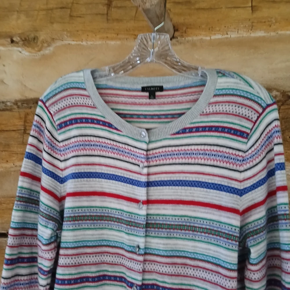Talbots Red Blue Green Striped Crew Neck Nylon Lambswool Cardigan Large
